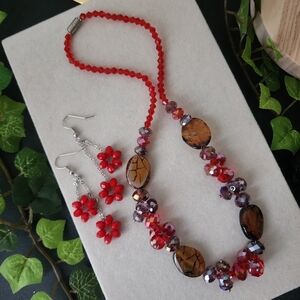 Handcrafted Red and AB Glass Beads Necklace and Earrings Set